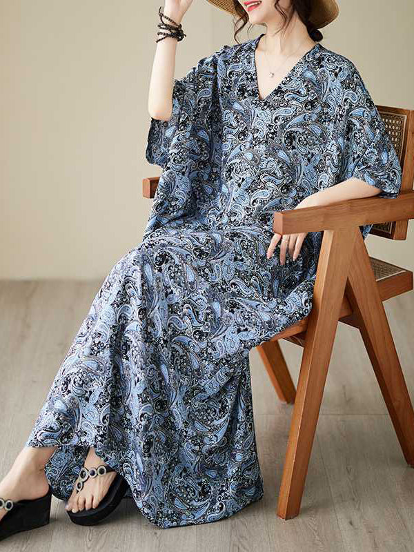 Batwing Sleeves Loose Printed V-Neck Maxi Dresses