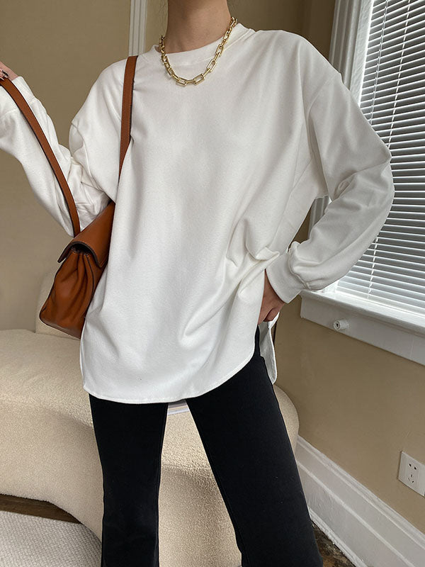 Casual Long Sleeves Loose Solid Color Round-Neck T-Shirts Tops