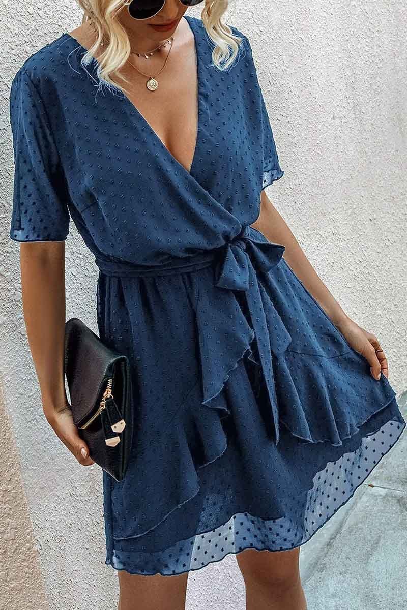 Chicindress Swiss Dot V-Neck Dress With Belt