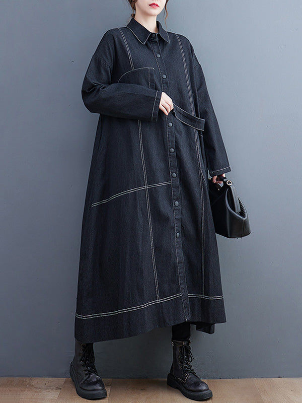 Casual Loose Long Sleeves Buttoned Lapel Collar Denim Trench Coats