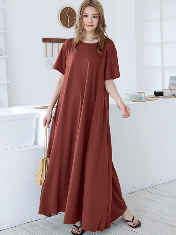 Simple Loose Short Sleeves Solid Color Round-Neck Maxi Dresses