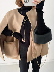 Loose Sleeveless Pockets Split-Front Split-Joint Round-Neck Woolen Coat