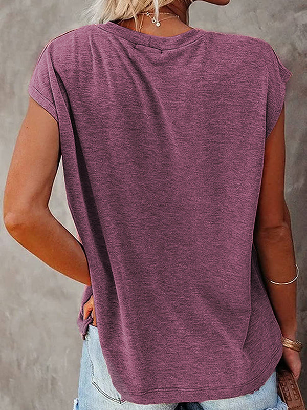 Simple Cotton-Blend Short Sleeves Round-Neck T-Shirt Top