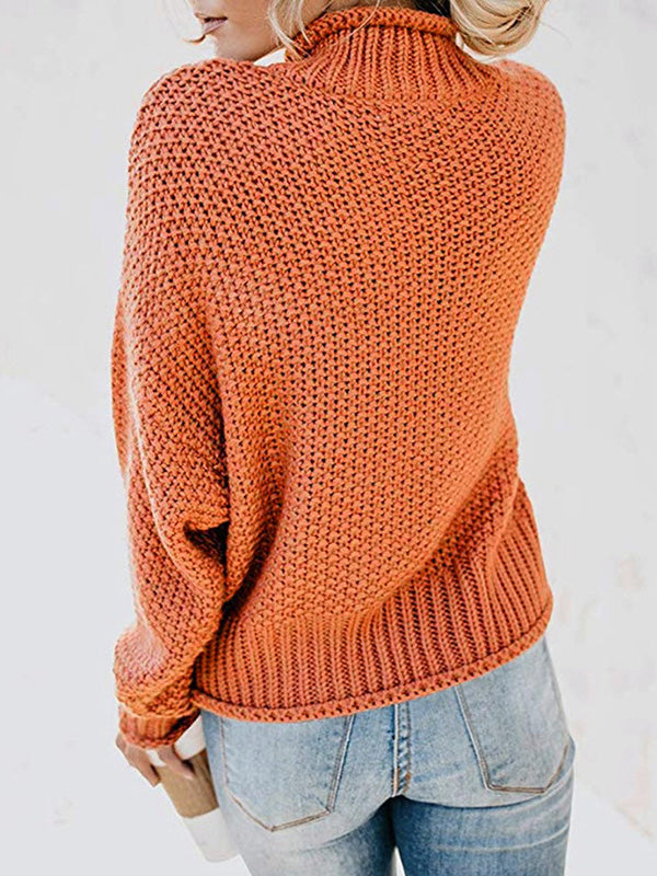 Casual Long Sleeves Solid Color High-Neck Sweater Tops