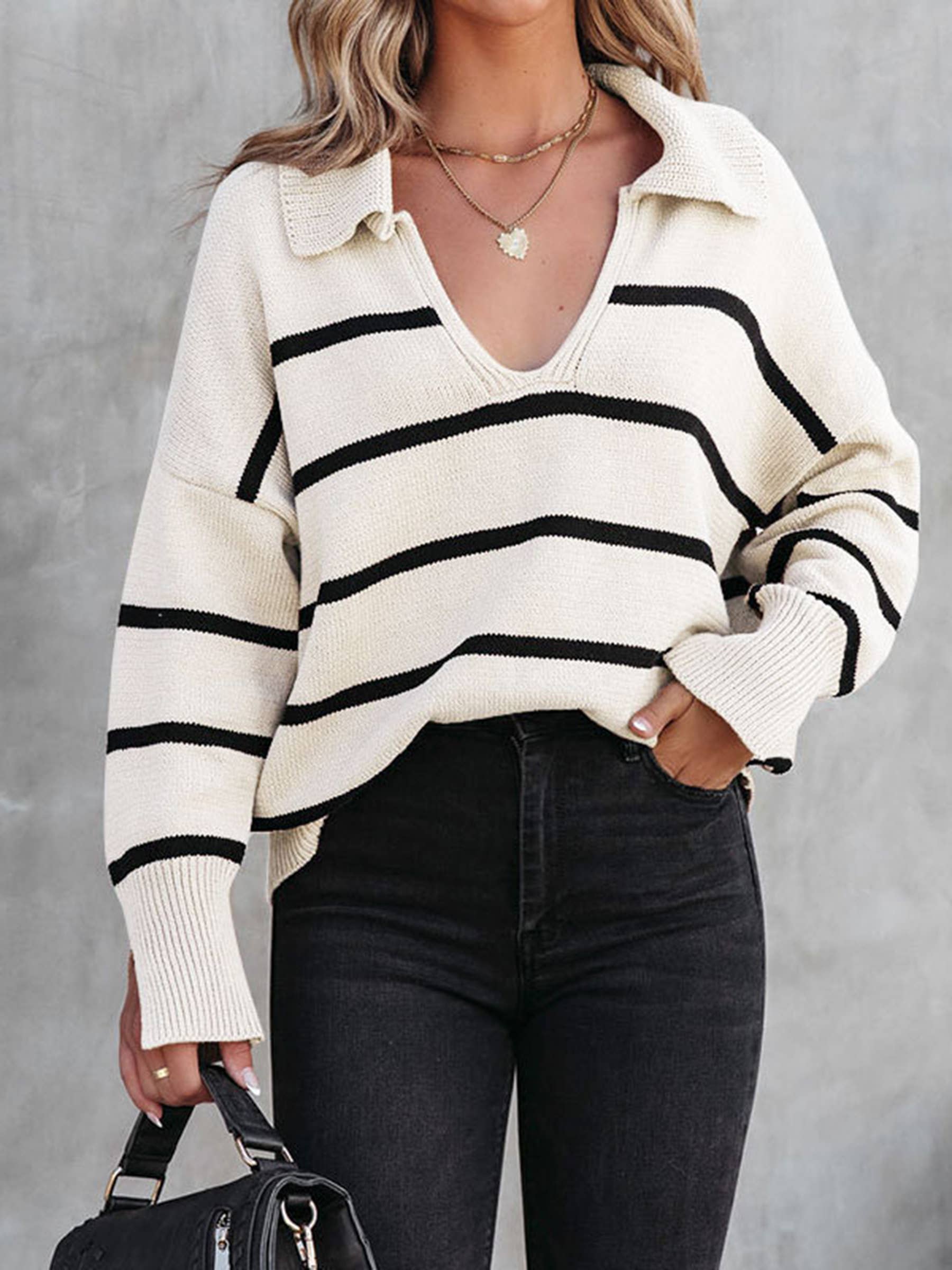 Stripe Color Matching Long Sleeved Top V Pullover Knit