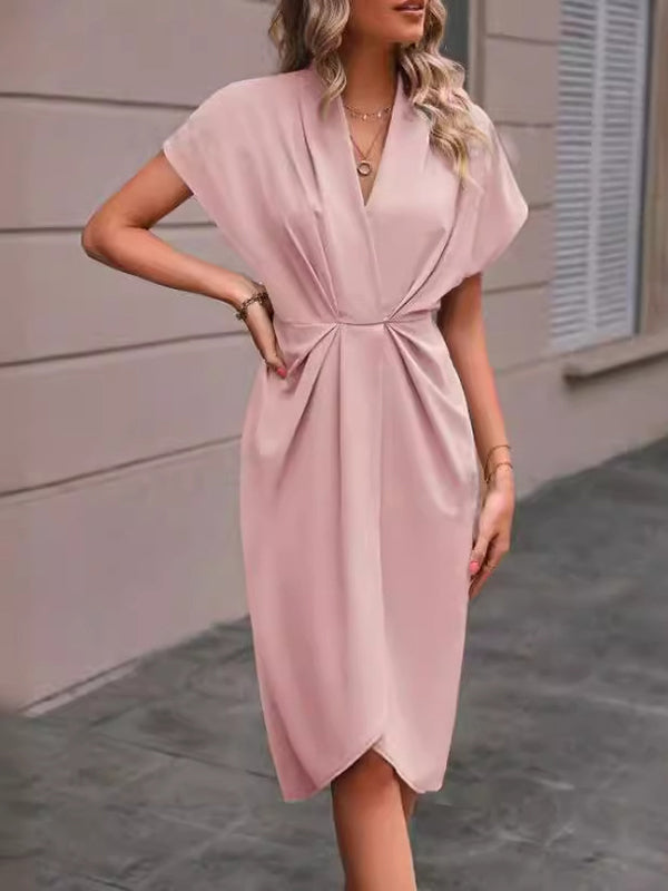 High-Low Loose Knot Pleated Solid Color Split-Front V-Neck Midi Dresses