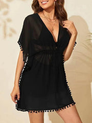 Batwing Sleeves Loose Drawstring See-Through Solid Color Tasseled V-Neck Beach Cover-Up Mini Dresses