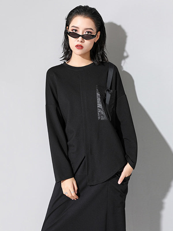 Fashion Loose Long Sleeves Split-Front Round-Neck T-Shirts Tops