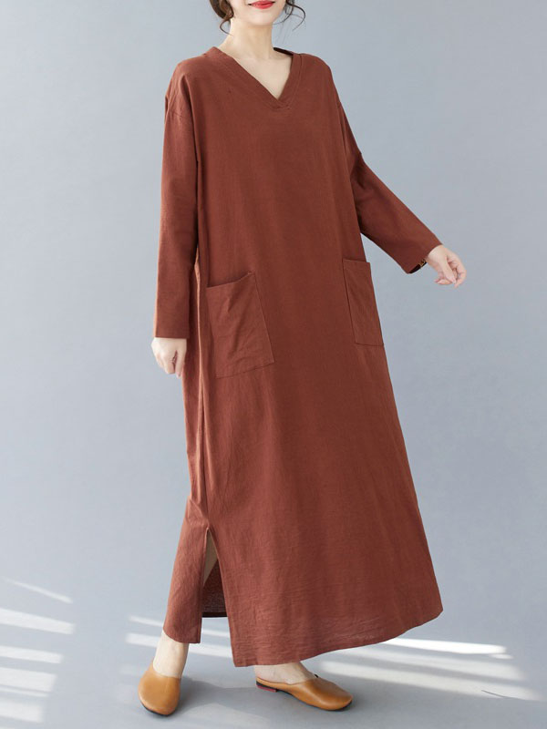 A-Line Long Sleeves Pockets Solid Color Split-Side V-Neck Maxi Dresses