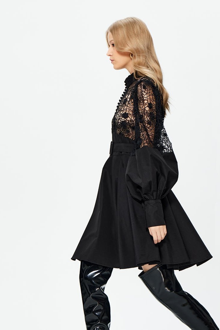 Myra Hollow Embroidered Lace Belted Mini Shirt Dress