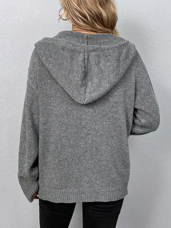 Wrap Buttoned Hooded Solid Color Cardigan