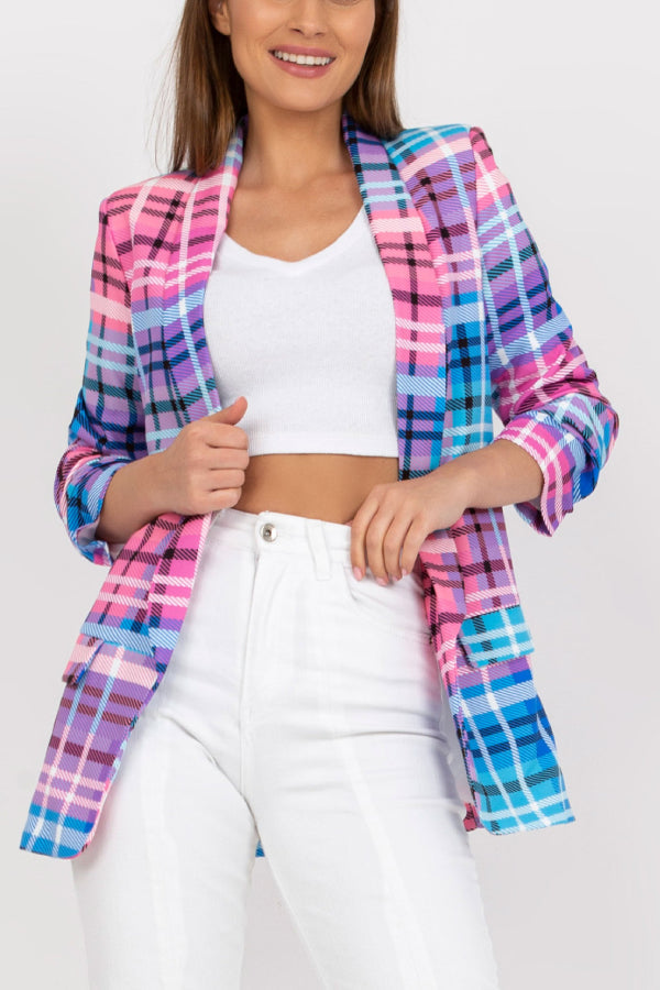 Casual Blazer For Women Color Plaid Long Sleeve Open Front Work Office Suit Jacket With Pocket