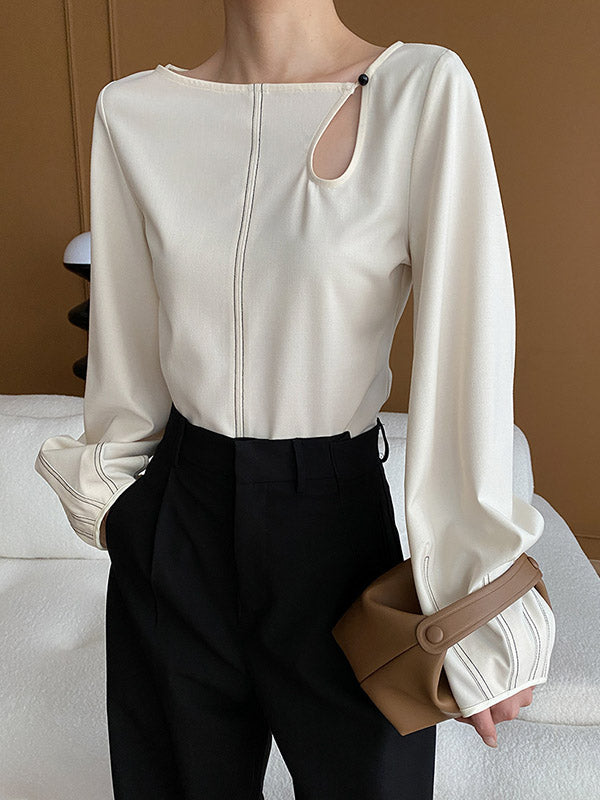 Long Sleeves Loose Asymmetric Belly-Hollow Solid Color Round-Neck Blouses&Shirts Tops