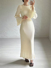 Flared Sleeves Long Sleeves Pleated Solid Color Round-Neck Maxi Dresses