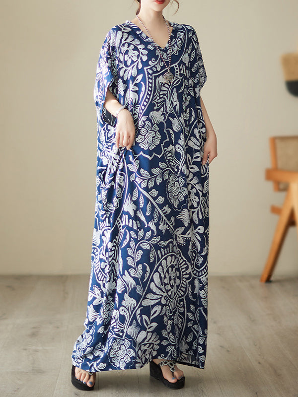 Loose Short Sleeves Printed V-Neck Maxi Dresses