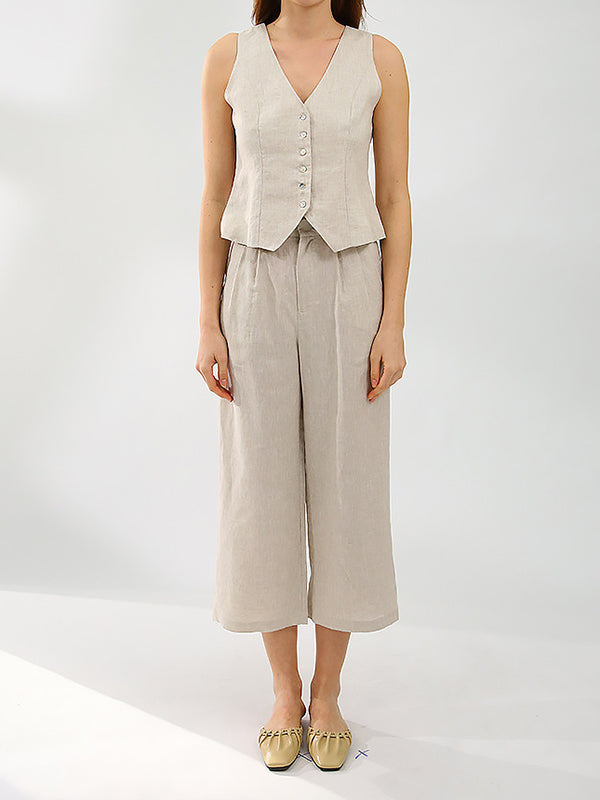 Solid Color  Sleeveless Buttoned Deep V-Neck Vest Top + Pleated Straight Leg Pants Bottom Two Pieces Set