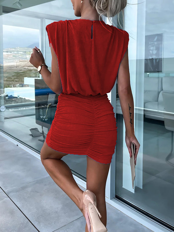 Short Sleeves Skinny Hollow Pleated Shoulder Pad Solid Color Round-Neck Mini Dresses