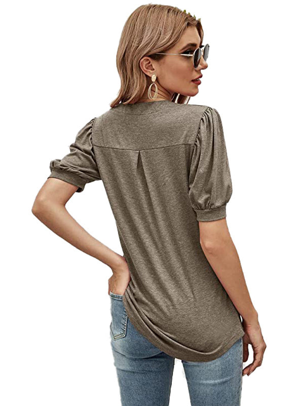 Simple Solid Color V-Neck Puff Sleeves T-Shirt Top