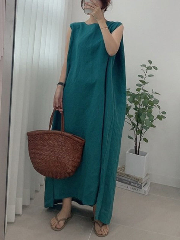 Casual Simple Solid Color Split-Side Round-Neck Sleeveless Midi Dress