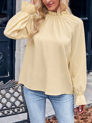 Long Sleeves Ruffle Sleeves Elasticity Ruffled Solid Color Mock Neck T-Shirts Tops