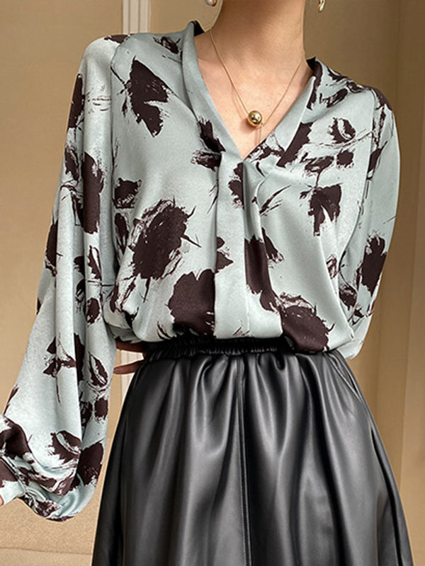 Casual Loose Puff Sleeves Printed V-Neck Blouses&Shirts Tops