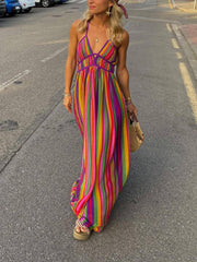 Rainbow Stripe Print V-Neck Maxi Dress