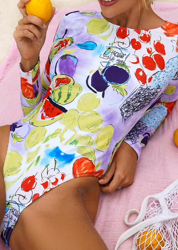 Vibrant Fruit-Print Long-Sleeve Swimsuit