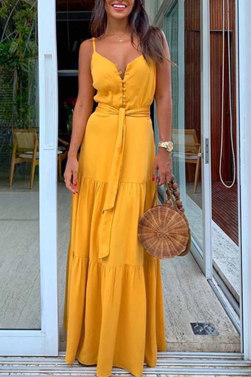 Chicindress Button V-Neck Maxi Dress With Belt(3 Colors)