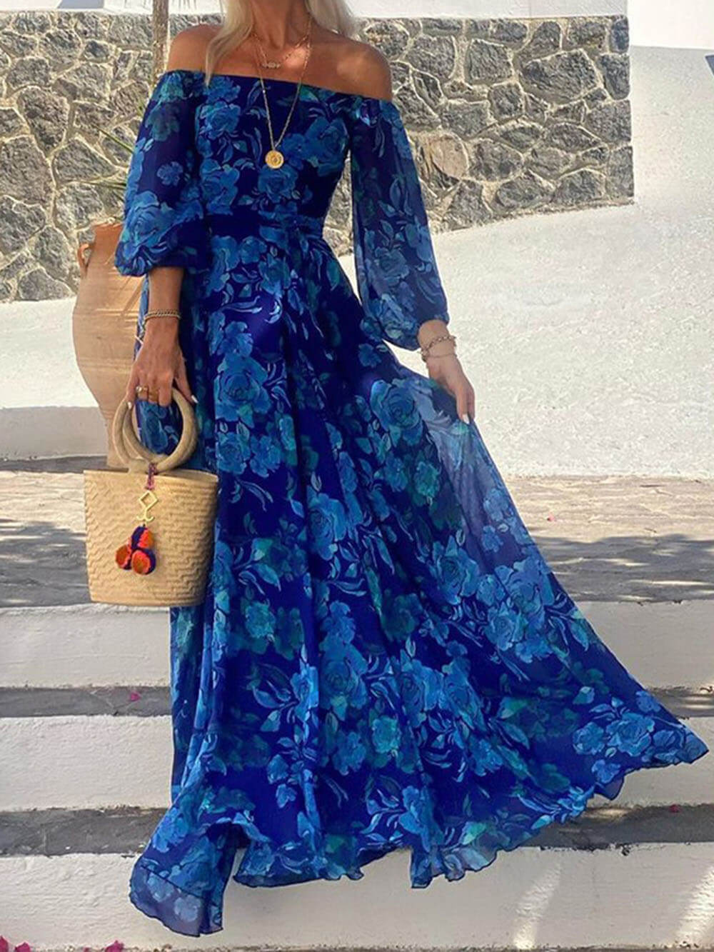 Marbella Blue - Floral Off Shoulder Smocked Maxi Dress