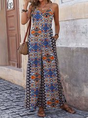 Ethnic Suspender Print Wide-Leg Jumpsuit