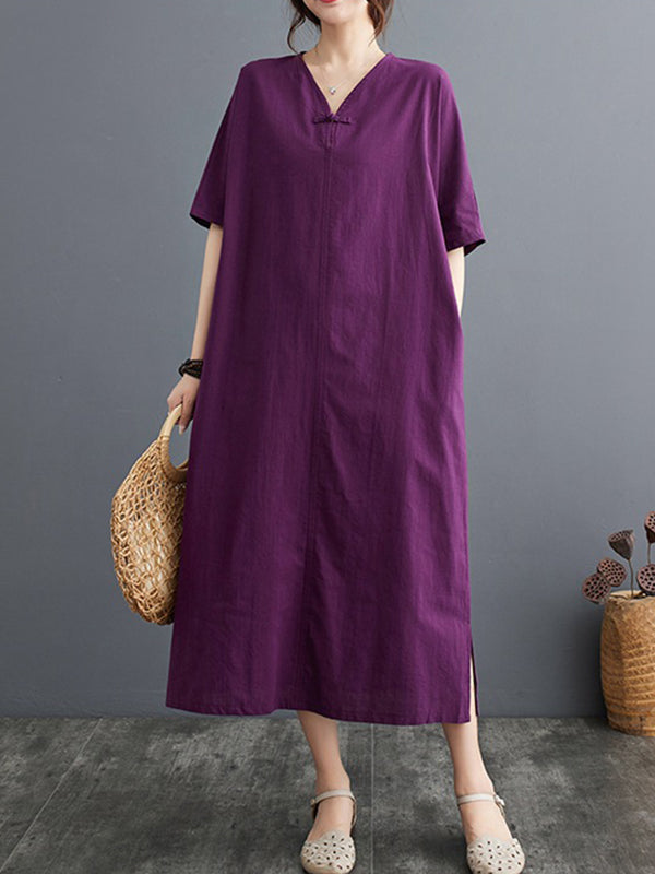 A-Line Loose Chinese Frog Buttons Pockets Solid Color Split-Side V-Neck Midi Dresses