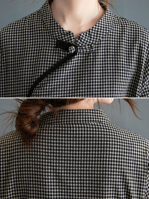 Artistic Retro Plaid Stand Collar Long Cheongsams Dress