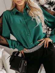 Long Sleeves Loose Buttoned Mesh Split-Joint Lapel Blouses&Shirts Tops