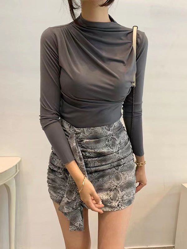 Long Sleeves Skinny Pleated Solid Color Mock Neck T-Shirts Tops