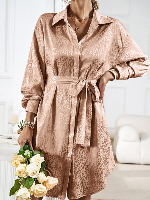 Long Sleeves Loose Buttoned Leopard Tied Waist Lapel Mini Dresses Shirt Dress