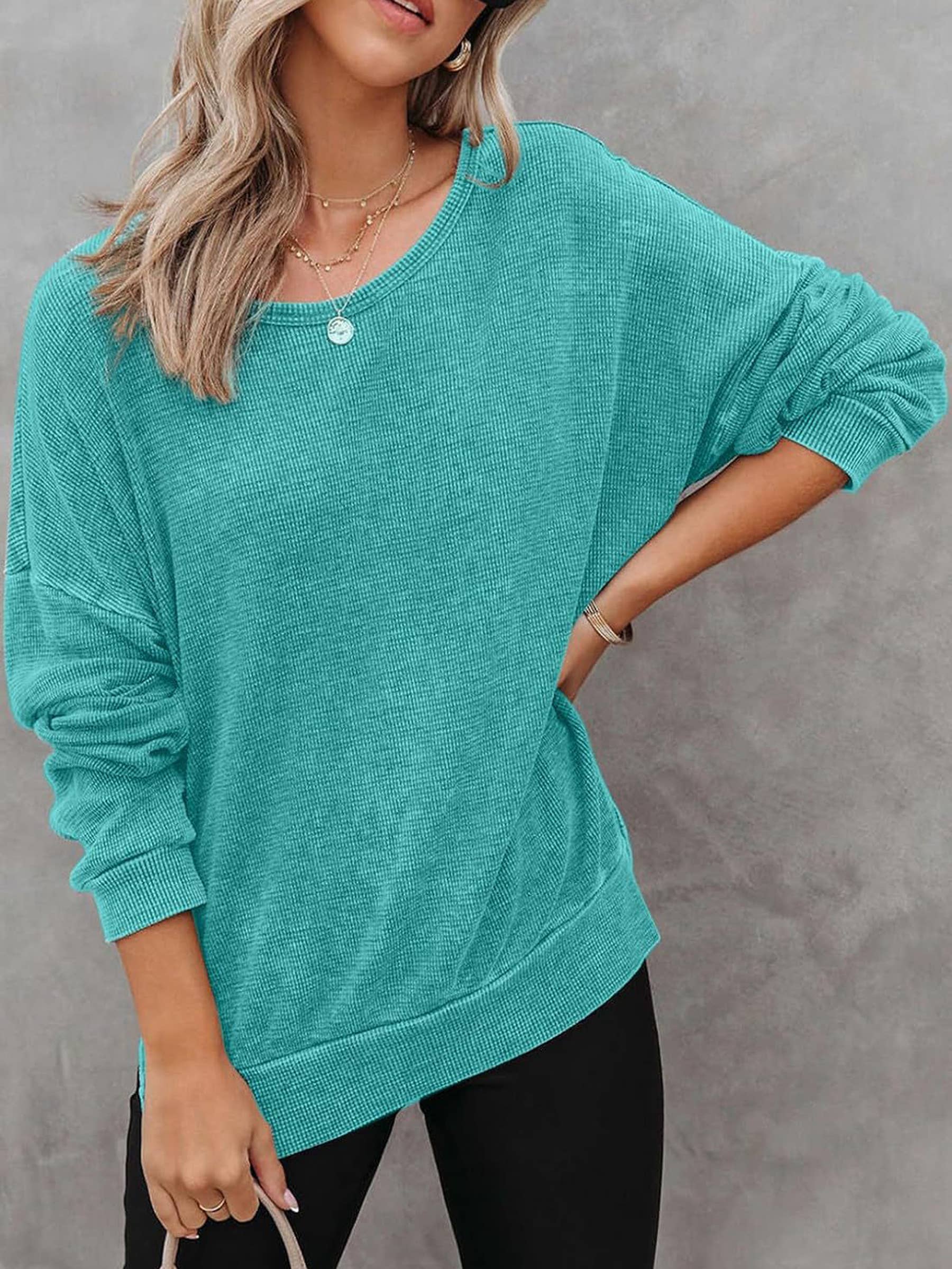 Women's Round Neck Long Sleeved Side Slit Waffle Hoodies