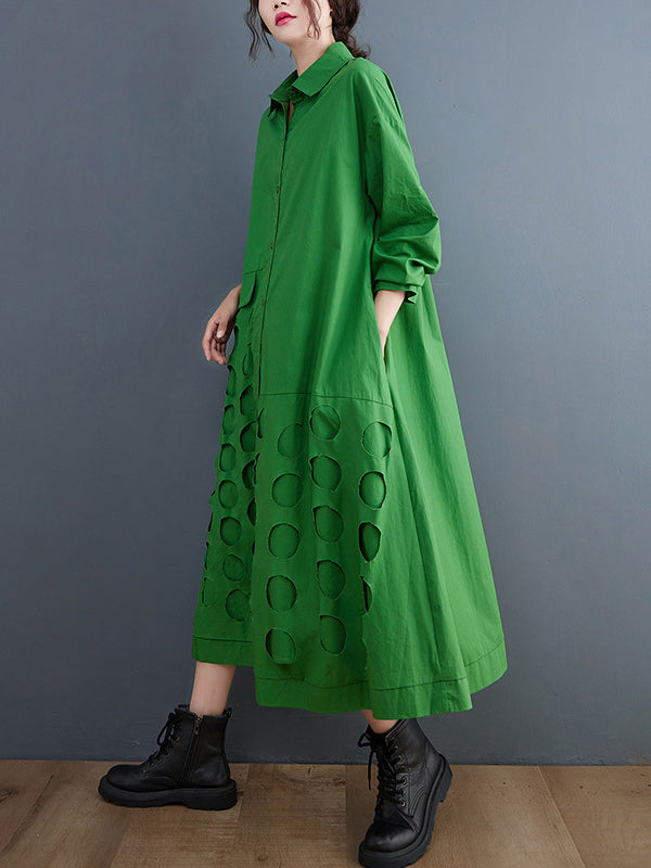 A-Line Long Sleeves Asymmetric Hollow Polka-Dot Solid Color Lapel Midi Dresses