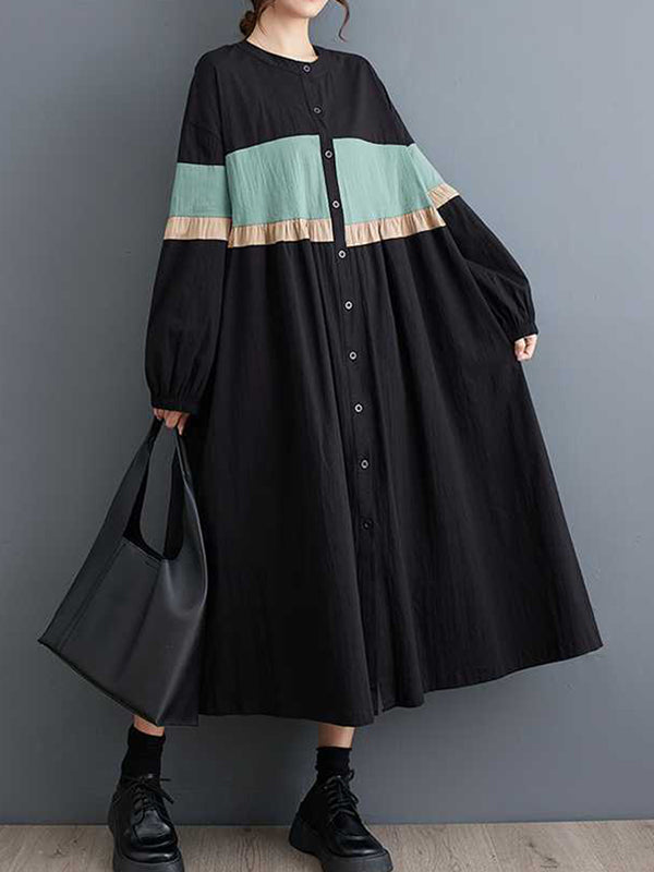 Long Sleeves Loose Buttoned Contrast Color Elasticity Split-Joint Round-neck Midi Dresses