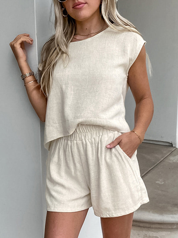 Loose Sleeveless Solid Color Split-Joint Round-Neck Vest Top + Elasticity Shorts Bottom Two Pieces Set