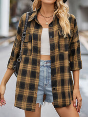 Long Sleeves Loose Buttoned Plaid Pockets Split-Joint Lapel Blouses&Shirts Tops