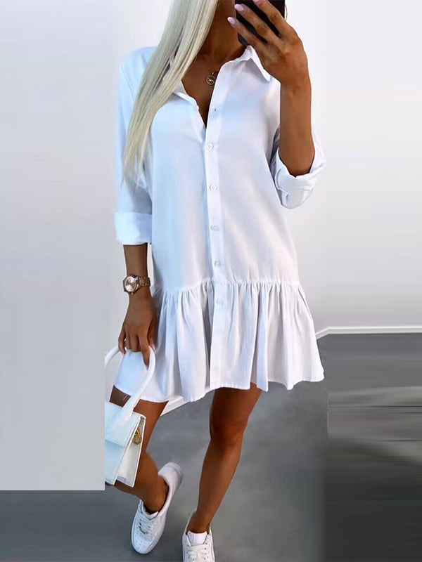 Long Sleeves Loose Buttoned Pleated Solid Color Split-Joint Lapel Mini Dresses Shirt Dress