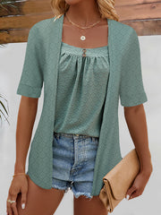 False Two Loose Buttoned Pleated Solid Color Square-Neck T-Shirts Tops