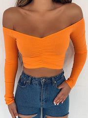 Long Sleeves Skinny Solid Color Off-The-Shoulder T-Shirts Tops