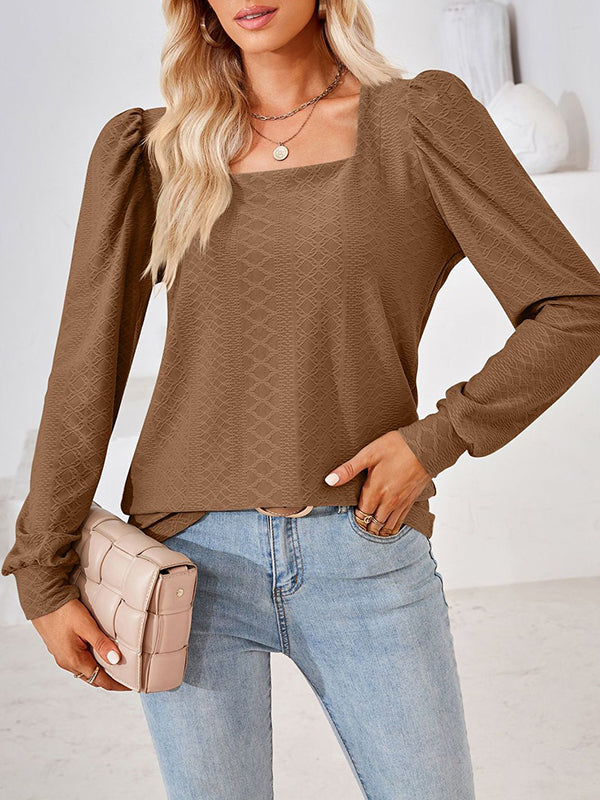 Loose Jacquard Solid Color Square-neck T-Shirts Tops