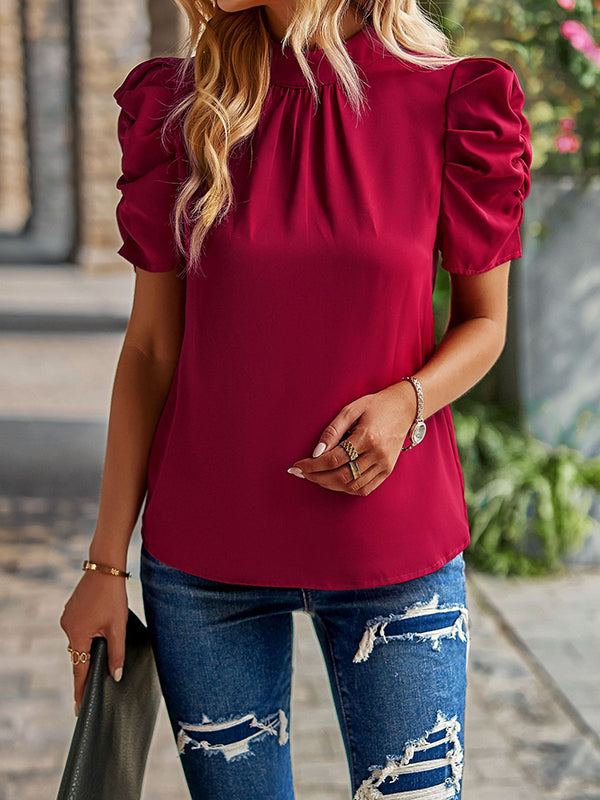 Half Sleeves Loose Pleated Solid Color Mock Neck T-Shirts Tops