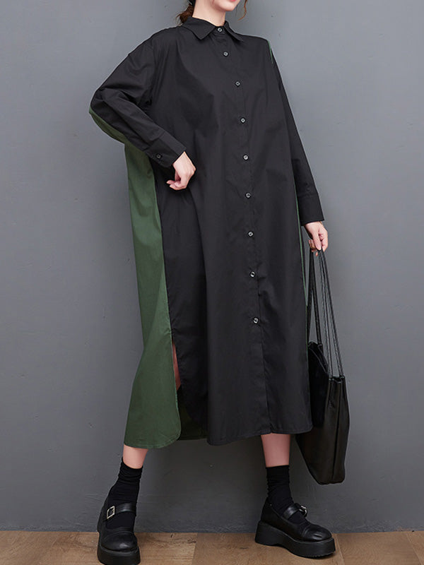 Long Sleeves Loose Asymmetric Buttoned Split-Joint Split-Side Lapel Midi Dresses Shirt Dress