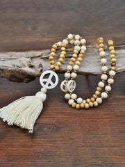 Handmade Wooden Beads Tassel and Peace Charm Pendant Long Necklace