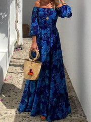 Marbella Blue - Floral Off Shoulder Smocked Maxi Dress