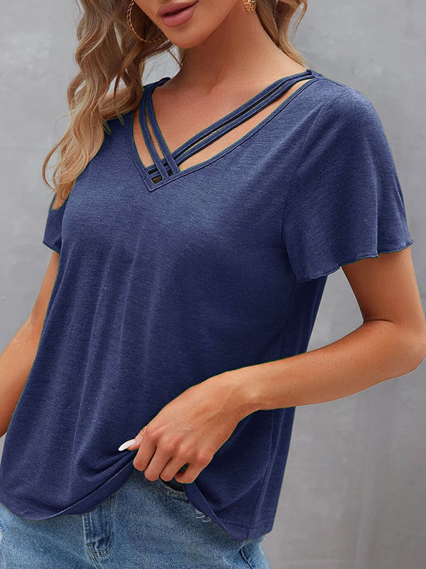 Loose Plus Size Hollow Solid Color Split-Joint V-Neck T-Shirts Tops