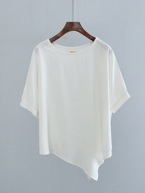 Artistic Retro Loose Linen Asymmetric T-Shirt Top